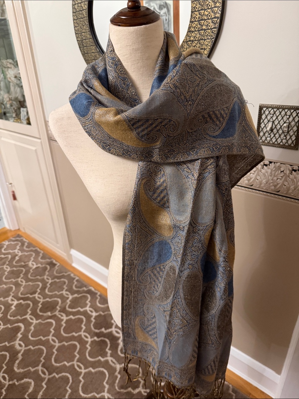 Teal Paisley Scarf with Blue green and Gold Accents